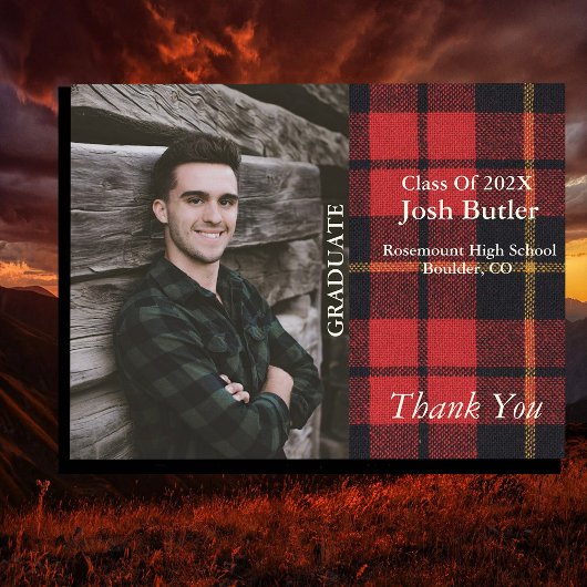 ナチュラルなチェック柄の卒業発表と感謝メッセージ ポストカード