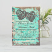 ナチュラルなツインハートバーンウッドアクアのウェディング招待状 招待状 (スタンド正面)