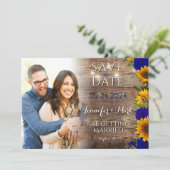 ナチュラルなネイビー色のひまわり写真付きSave the Dateカード 招待状 (スタンド正面)