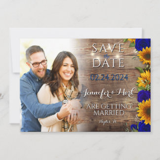 ナチュラルなネイビー色のひまわり写真付きSave the Dateカード 招待状