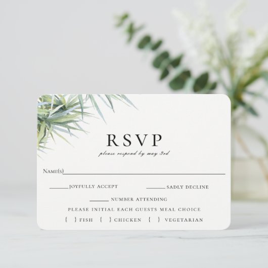 ナチュラルなパームリーフ ウェディング RSVP 食事選択カード (スタンド正面)