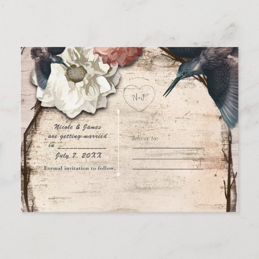 ナチュラルなホワイトバーチの花とハミングバードの結婚式延期のお知らせ 案内ポストカード (裏面)