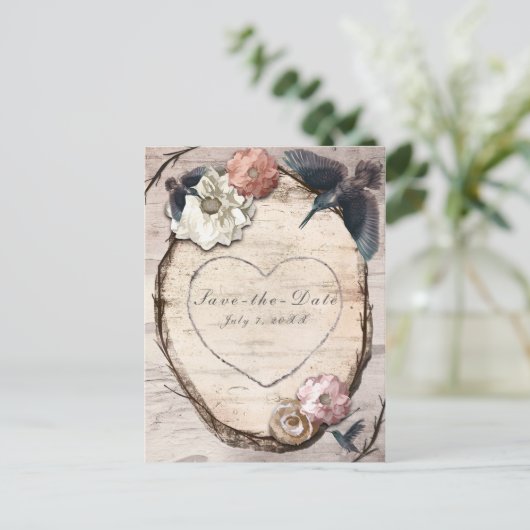 ナチュラルなホワイトバーチの花とハミングバードの結婚式延期のお知らせ 案内ポストカード (スタンド正面)