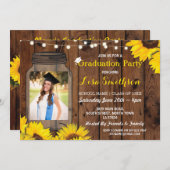 ナチュラルな卒業パーティージャーウッドひまわり写真 招待状 (正面/裏面)