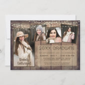 ナチュラルな卒業写真コラージュ ウッド ストリング ライト 招待状 (正面)