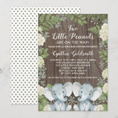 ナチュラルな双子の赤ちゃん象 ニュートラル グリーンのベイビーシャワー 招待状 (正面/裏面)