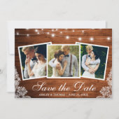 ナチュラルな木の照明とレースの3枚の写真がついたSave The Dateカード セーブザデート (正面)