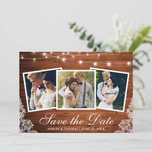ナチュラルな木の照明とレースの3枚の写真がついたSave The Dateカード セーブザデート (スタンド正面)