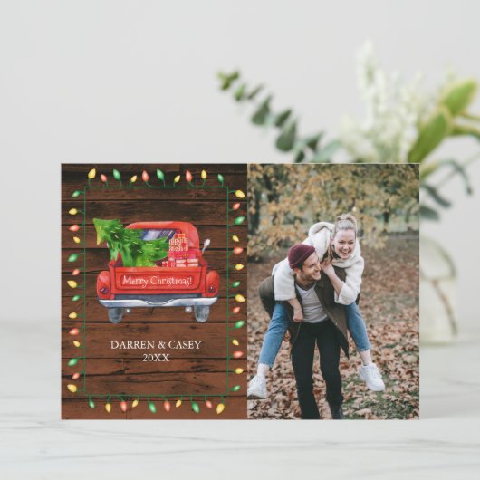 ナチュラルな木材とストリングライトのクリスマスフォトカード (スタンド正面)