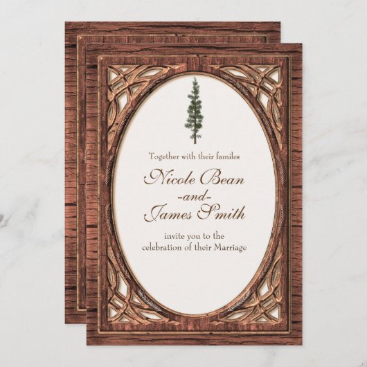 ナチュラルな木製 松ぼっくり & ツリー ツートン 招待状 (正面/裏面)