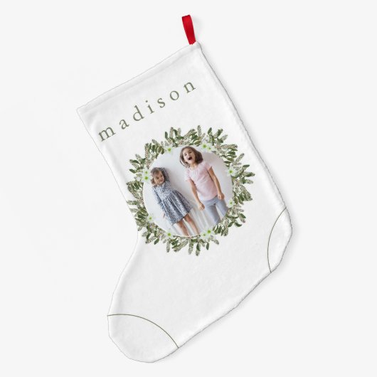 ナチュラルな松と花の写真リース 名前入り ラージクリスマスストッキング (裏面 (吊り時))