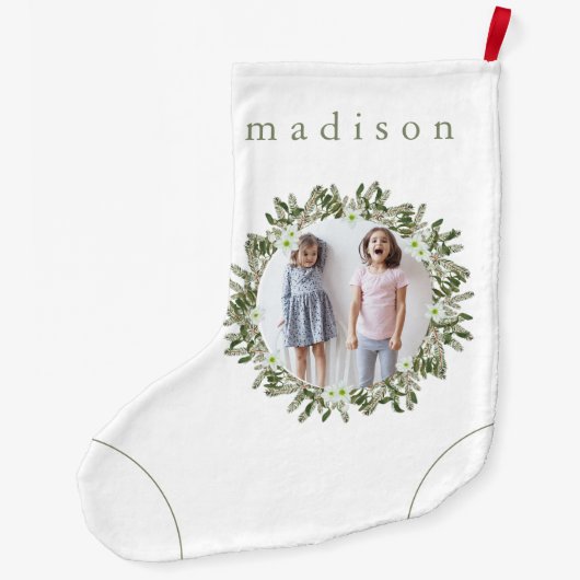 ナチュラルな松と花の写真リース 名前入り ラージクリスマスストッキング (裏面)