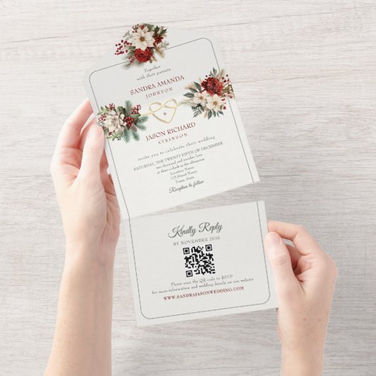 ナチュラルな松の緑と赤のウェディング招待状 オールインワン招待状 (貼ってはがせる)