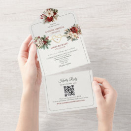 ナチュラルな松の緑と赤のウェディング招待状 オールインワン招待状