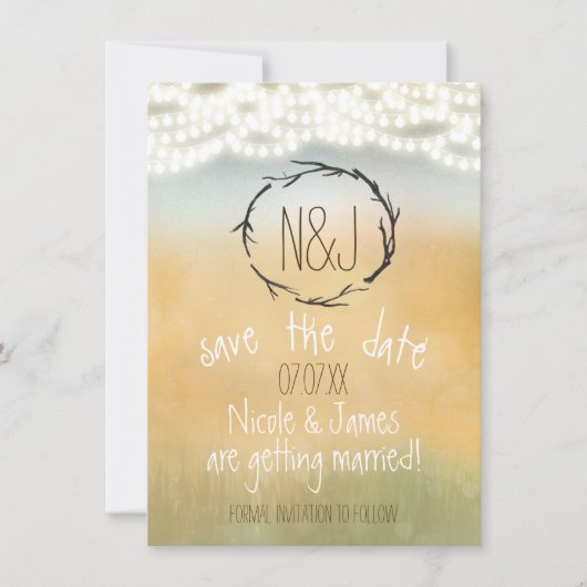 ナチュラルな枝のリースとストリングライトのSave The Date 招待状 (正面)
