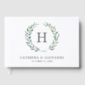 ナチュラルな水彩画のグリーンリースモノグラム結婚式 ゲストブック (正面)