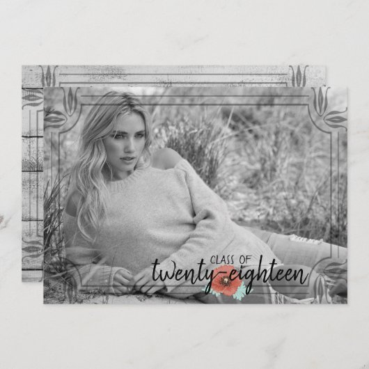 ナチュラルな白い木のポピー花の卒業カード 招待状 (正面/裏面)