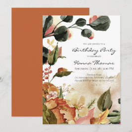 ナチュラルな秋の花水彩誕生日 招待状