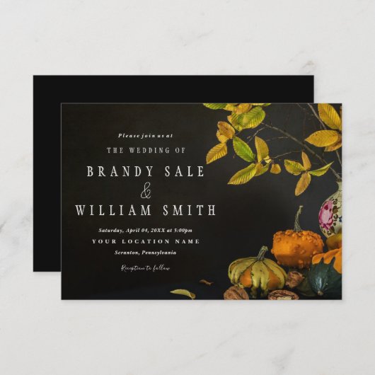 ナチュラルな秋の落ち葉とカボチャの結婚式招待状 招待状 (正面/裏面)
