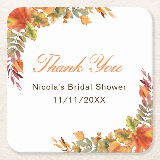 ナチュラルな秋の落ち葉 ブライダルシャワー スクエアペーパーコースター (正面)