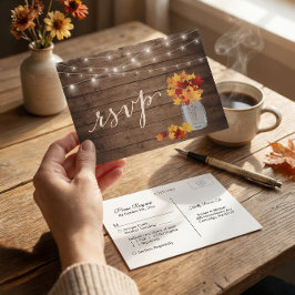 ナチュラルな秋の落ち葉 メイソンジャー ストリングライト 返信お願いします インビテーションポストカード