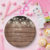 ナチュラルな納屋の木のストリングライトの結婚式の看板 ペーパープレート (パーティー)