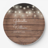 ナチュラルな納屋の木のストリングライトの結婚式の看板 ペーパープレート (正面)