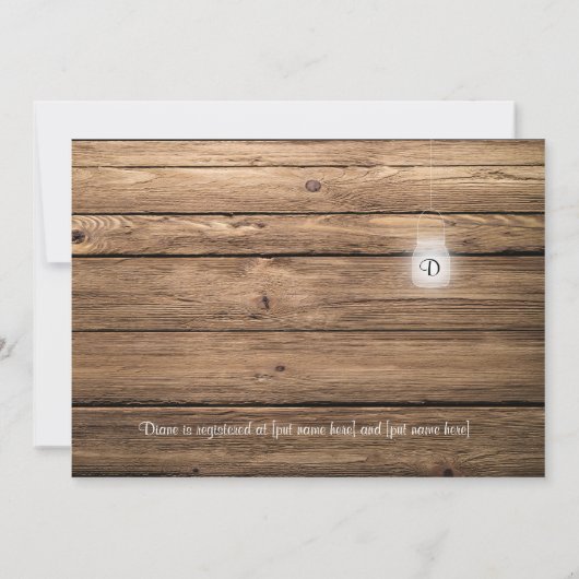 ナチュラルな納屋の木のメイソンジャー照明 ブライダルシャワー 招待状 (裏面)