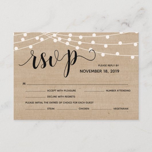 ナチュラルな紐の照明 ウェディング RSVP 返信カード エンクロージャーカード (正面)