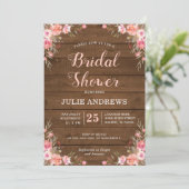 ナチュラルな結婚前お披露目パーティー カントリー調 ピンクの花 木材 招待状 (スタンド正面)