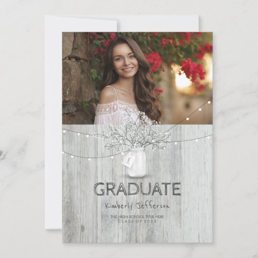 ナチュラルな花柄のメイソンジャー写真卒業パーティー 招待状 (正面)