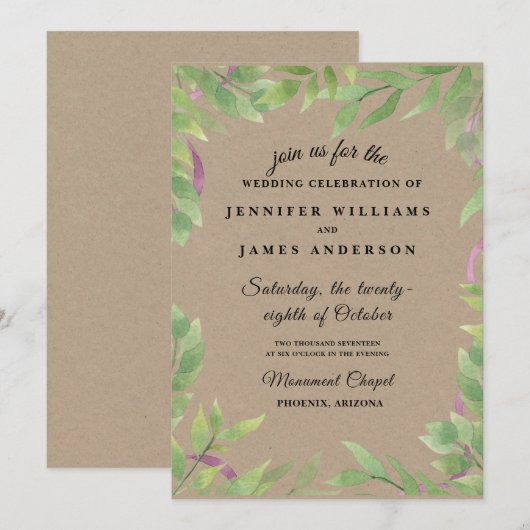 ナチュラルな花環のグリーンウェディング招待状 招待状 (正面/裏面)