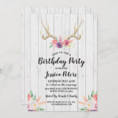 ナチュラルな誕生日パーティーの花と鹿の角の招待状 招待状 (正面/裏面)