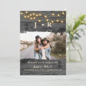 ナチュラルな雰囲気のストリングライトの写真を使ったSave the Dateカード 招待状 (スタンド正面)