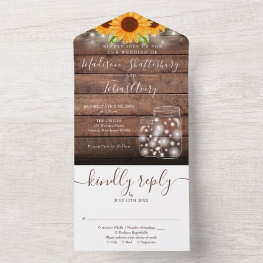 ナチュラルな雰囲気のストリングライト付きメイソンジャーとひまわりがモチーフのウェディング招待状 オールインワン招待状 (内側)