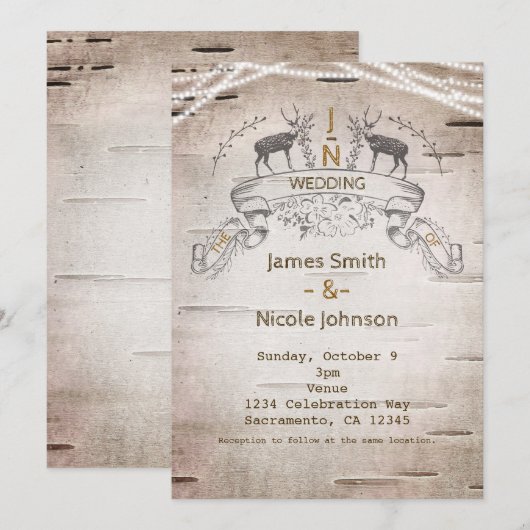 ナチュラルな鹿と枝のシナの結婚式招待状 招待状 (正面/裏面)