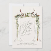 ナチュラルな鹿の角と葉の天蓋を使ったウェディング セーブザデート (正面)