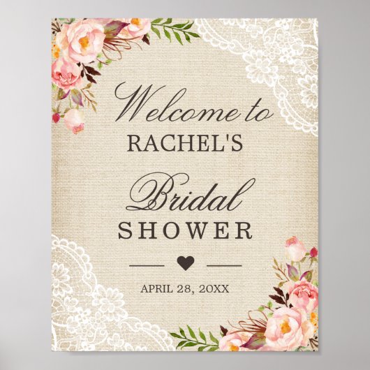 ナチュラルな麻布とレースの花モチーフのウェディングシャワー看板 ポスター (正面)
