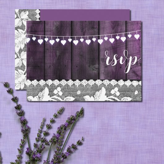 ナチュラルウェディングの出欠確認カード - 木、レース、ストリングハート 招待状