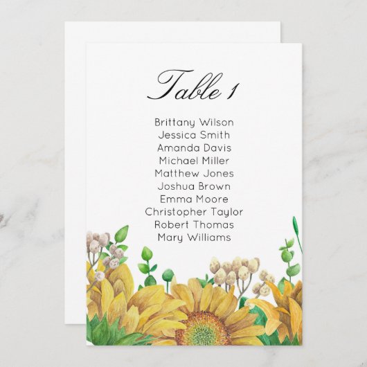 ナチュラルウェディングの席次表。ひまわりテーブルプラン 招待状 (正面/裏面)