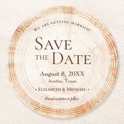 ナチュラルウェディング ウッドカット スライス ツリー セーブザデート ラウンドペーパーコースター (正面)