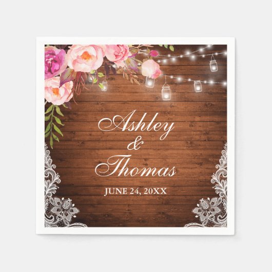 ナチュラルウェディング ウッドジャー ライト ピンク フラワーレース スタンダードカクテルナプキン (正面)