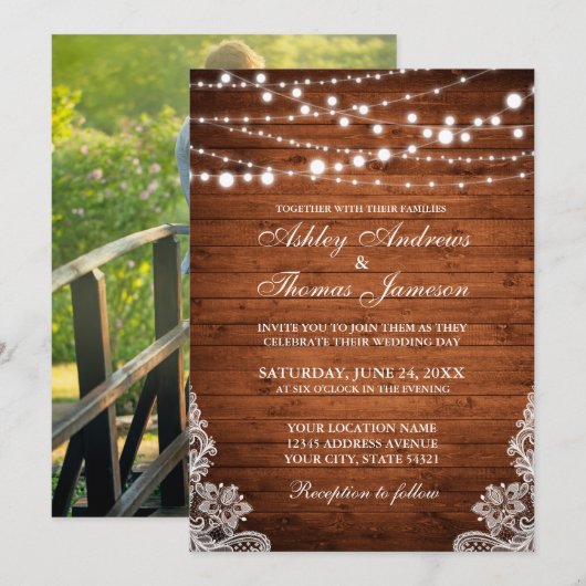 ナチュラルウェディング ウッドストリングライト ラッセル招待状P 招待状 (正面/裏面)