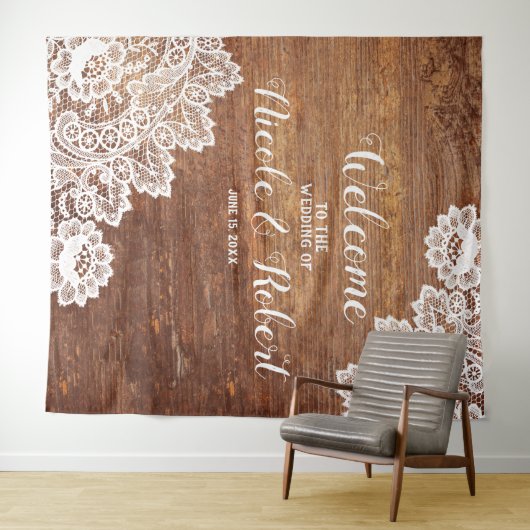 ナチュラルウッドホワイトレースウェディングフォトブース背景 タペストリー (インサイチュ(横))