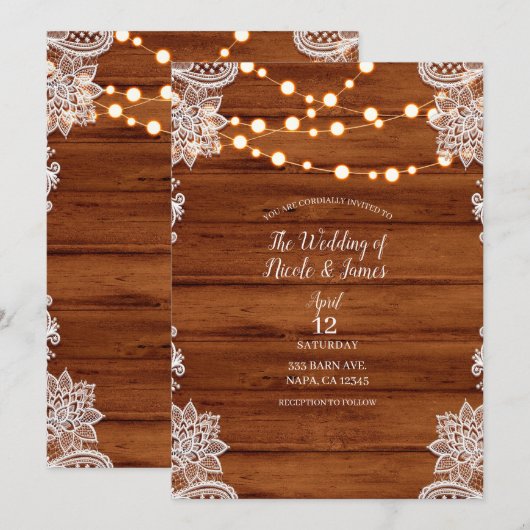 ナチュラルウッドレース＆ストリングライトのウェディング 招待状 (正面/裏面)