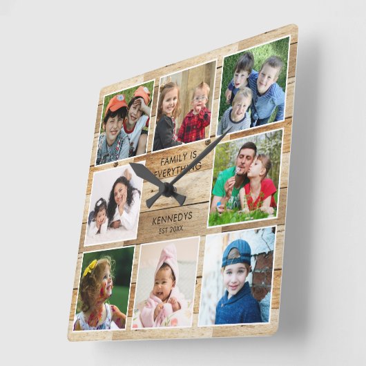 ナチュラルウッド素朴8フォトコラージュファミリー引用文 スクエア壁時計 (傾斜)