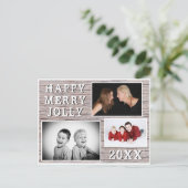 ナチュラルウッド3枚写真コラージュ ファミリーハolidayカード シーズンポストカード (スタンド正面)