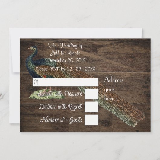 ナチュラルウッド ティール フェザー ペアック 結婚式のカード 招待状 (裏面)