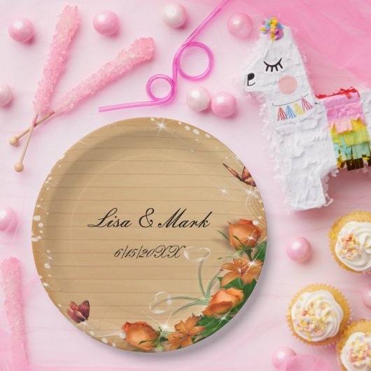 ナチュラルウッド フラワーバタフライ ウェディング ペーパープレート (パーティー)