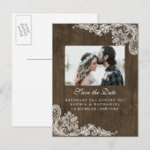 ナチュラルウッド フローラル ホワイトレース フォト セーブザデート 案内ポストカード (正面/裏面)